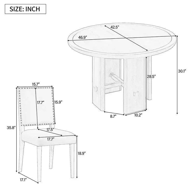 Ensemble de salle à manger GDFStudio Katte 5 pièces avec table ronde en bois massif et chaises rembourrées