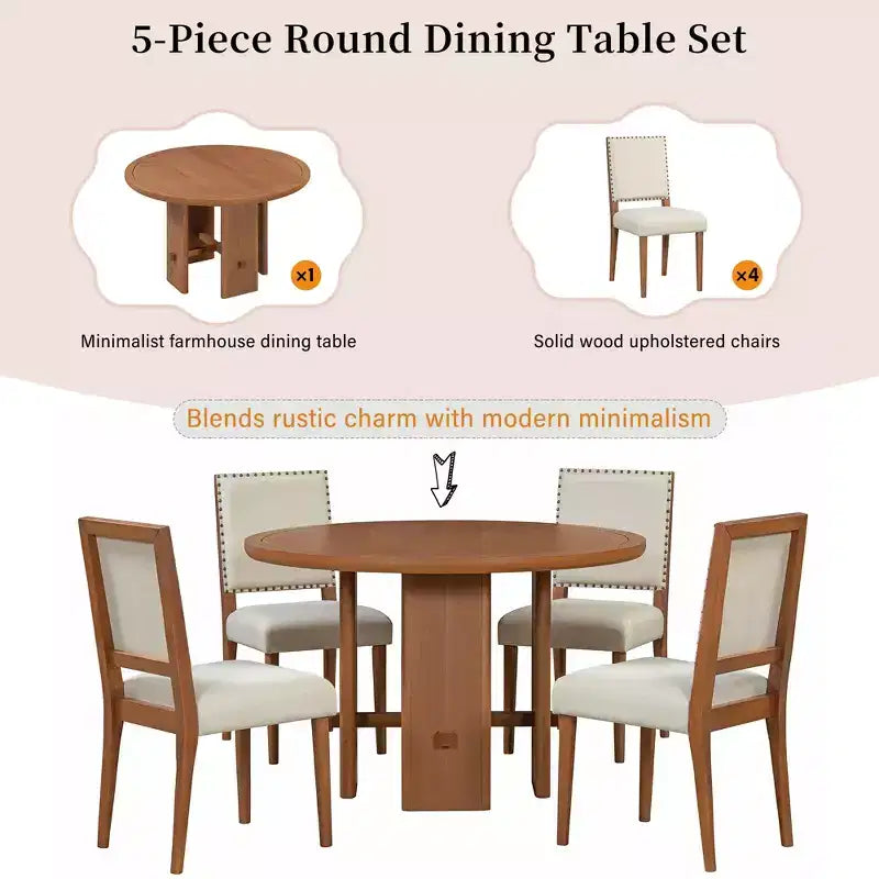 Ensemble de salle à manger GDFStudio Katte 5 pièces avec table ronde en bois massif et chaises rembourrées