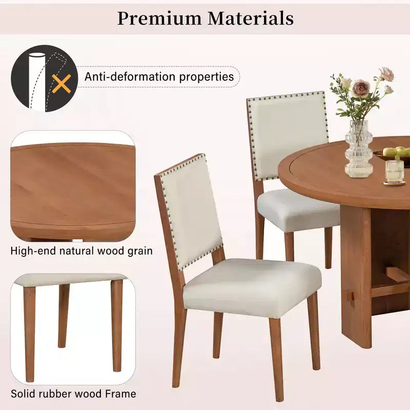 Ensemble de salle à manger GDFStudio Katte 5 pièces avec table ronde en bois massif et chaises rembourrées