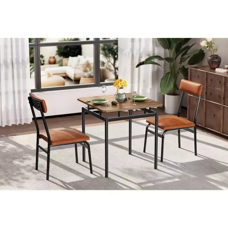 Ensemble Table à Manger pour 3, Ensemble Table et Chaises Modernes en Bois avec 2 Chaises Rembourrées en Cuir PU, Coin Repas 3 Pièces, Petits Espaces