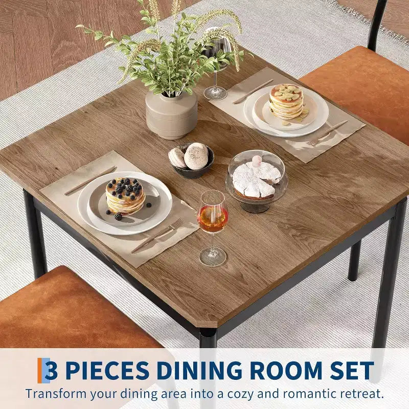 Ensemble Table à Manger pour 3, Ensemble Table et Chaises Modernes en Bois avec 2 Chaises Rembourrées en Cuir PU, Coin Repas 3 Pièces, Petits Espaces