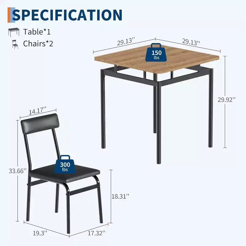 Ensemble Table à Manger pour 3, Ensemble Table et Chaises Modernes en Bois avec 2 Chaises Rembourrées en Cuir PU, Coin Repas 3 Pièces, Petits Espaces