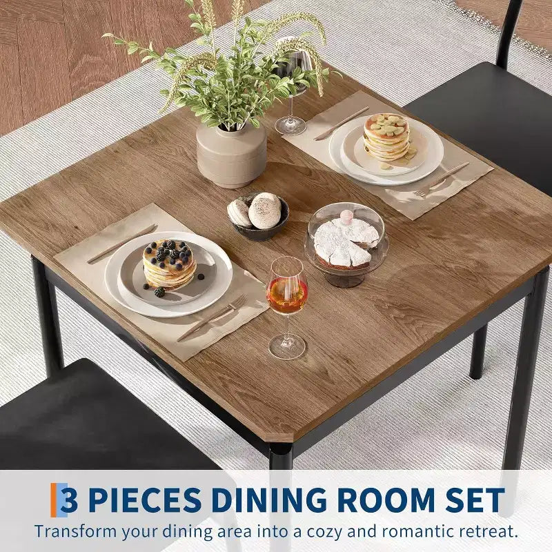 Ensemble Table à Manger pour 3, Ensemble Table et Chaises Modernes en Bois avec 2 Chaises Rembourrées en Cuir PU, Coin Repas 3 Pièces, Petits Espaces