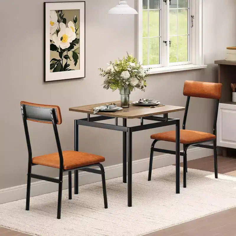 Ensemble Table à Manger pour 3, Ensemble Table et Chaises Modernes en Bois avec 2 Chaises Rembourrées en Cuir PU, Coin Repas 3 Pièces, Petits Espaces