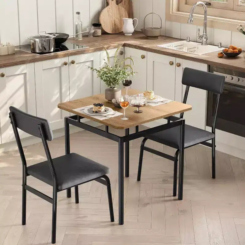 Dining Table Set for 3, Modern Wood Table and Chairs Set with 2 Upholstered PU Leather Chairs, 3-Piece Dinette Breakfast Nook, Small Places