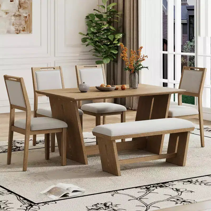 Ensemble de salle à manger 6 pièces GDFStudio Herty avec table de cuisine en bois d'hévéa de 60 et chaises et banc rembourrés