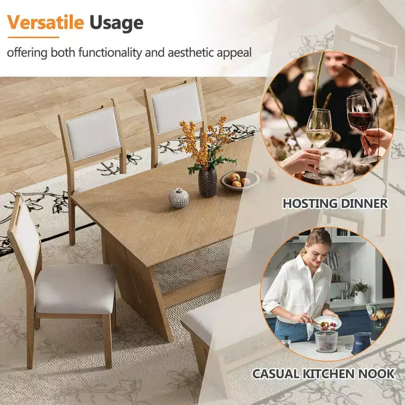 Ensemble de salle à manger 6 pièces GDFStudio Herty avec table de cuisine en bois d'hévéa de 60 et chaises et banc rembourrés