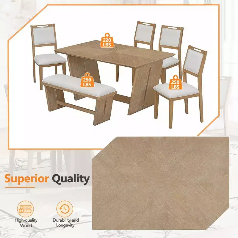 Ensemble de salle à manger 6 pièces GDFStudio Herty avec table de cuisine en bois d'hévéa de 60 et chaises et banc rembourrés