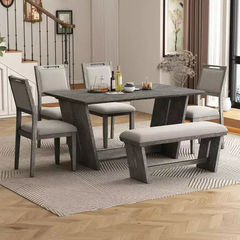 Ensemble de salle à manger 6 pièces GDFStudio Herty avec table de cuisine en bois d'hévéa de 60 et chaises et banc rembourrés