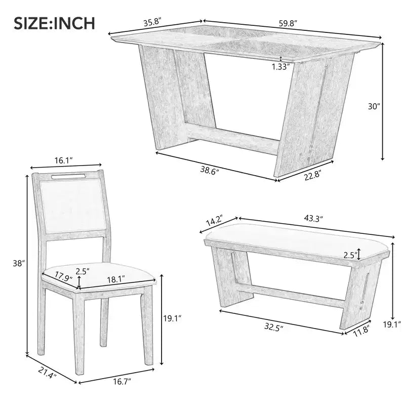 Ensemble de salle à manger 6 pièces GDFStudio Herty avec table de cuisine en bois d'hévéa de 60 et chaises et banc rembourrés