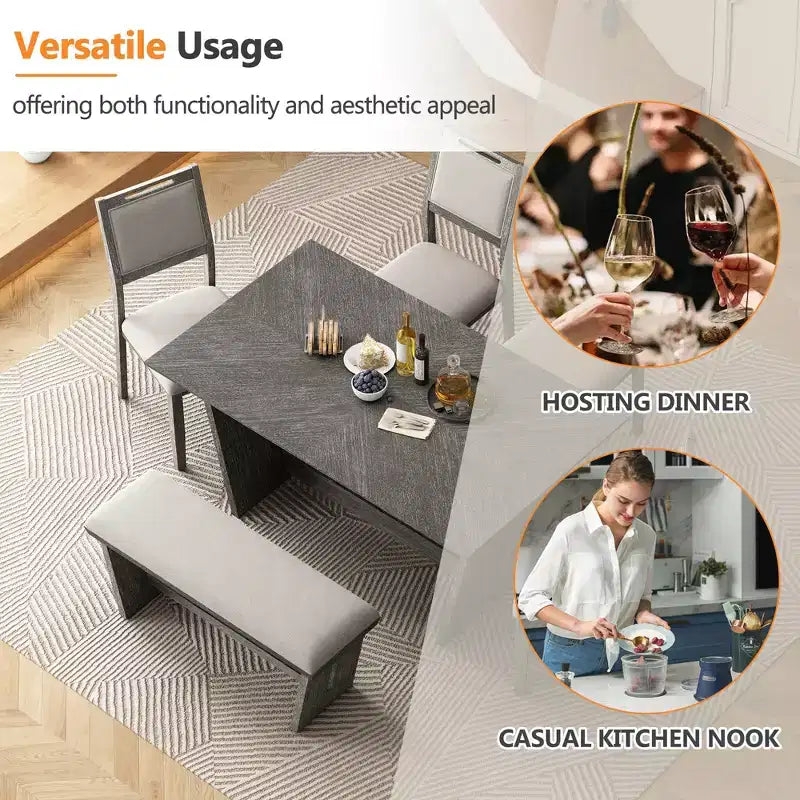 Ensemble de salle à manger 6 pièces GDFStudio Herty avec table de cuisine en bois d'hévéa de 60 et chaises et banc rembourrés