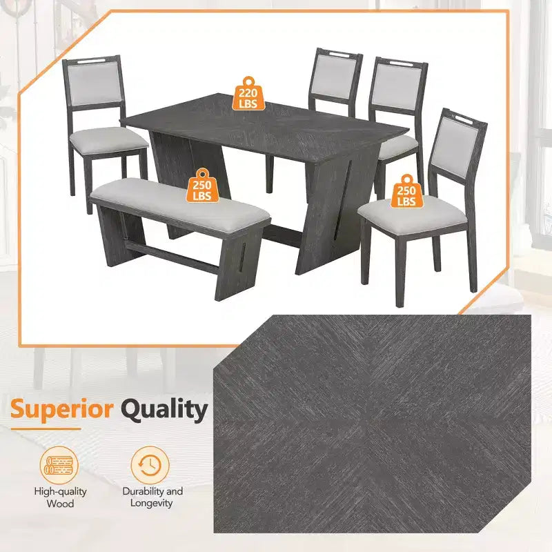 Ensemble de salle à manger 6 pièces GDFStudio Herty avec table de cuisine en bois d'hévéa de 60 et chaises et banc rembourrés
