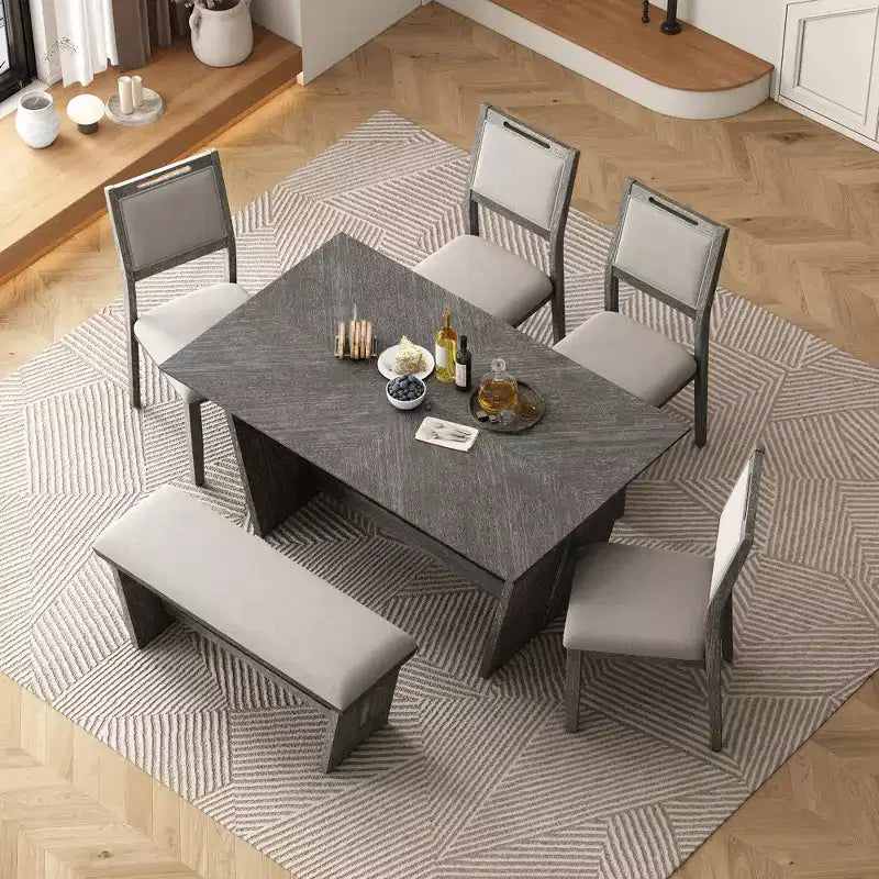 GDFStudio Herty 6 Piece Dining Set with 60 Rubberwood Kitchen Table and Upholstered Chairs & Bench