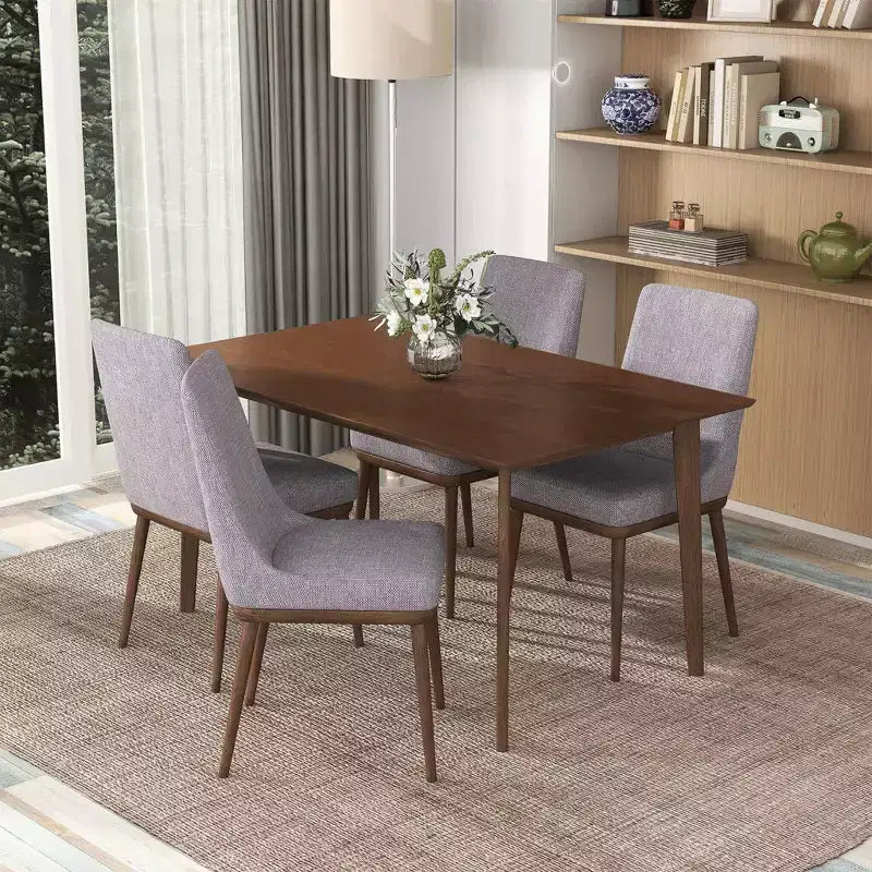 5-Piece Mid-Century Solid Wood Dining Set  Walnut Brown Stain, Beveled Edge Table & 4 Chairs, Seats 4