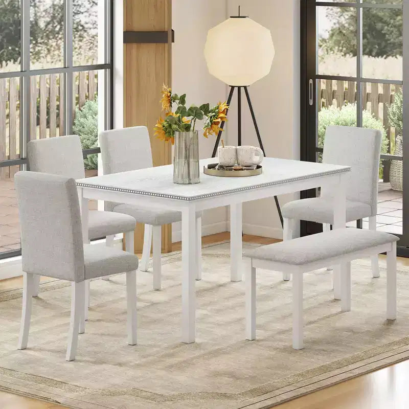 Zevemomo 6-Piece Solid Wood Dining Table Set,Including 1 Dining Table,4 Upholstered Chairs and 1 Bench,for Kitchen, Dining Room,White Diamond