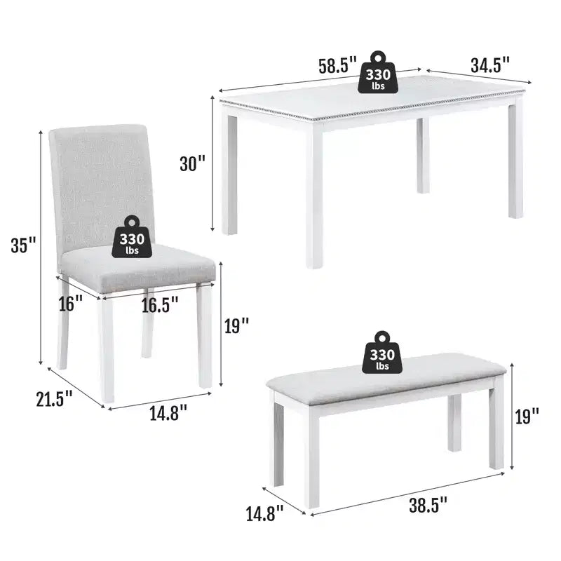 Ensemble de salle à manger 6 pièces en bois massif Zevemomo, comprenant 1 table à manger, 4 chaises rembourrées et 1 banc, pour cuisine, salle à manger, motif diamant blanc