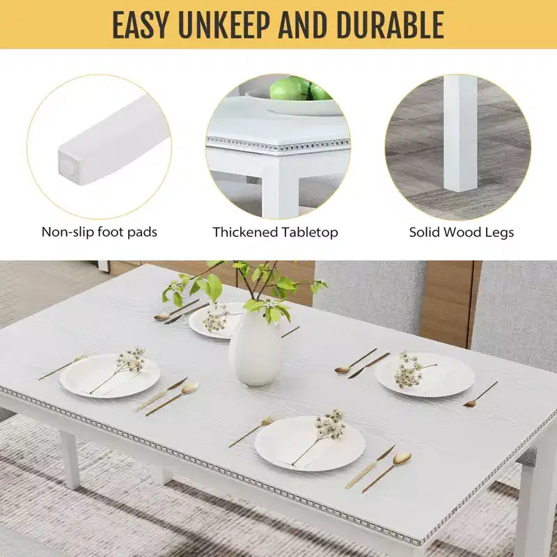 Ensemble de salle à manger 6 pièces en bois massif Zevemomo, comprenant 1 table à manger, 4 chaises rembourrées et 1 banc, pour cuisine, salle à manger, motif diamant blanc