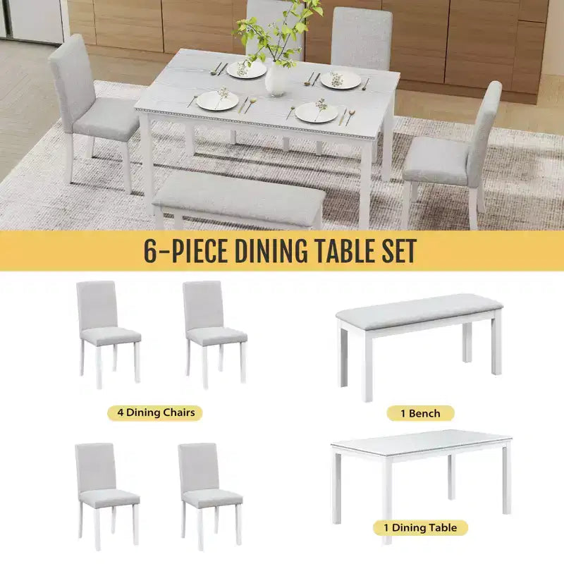 Ensemble de salle à manger 6 pièces en bois massif Zevemomo, comprenant 1 table à manger, 4 chaises rembourrées et 1 banc, pour cuisine, salle à manger, motif diamant blanc