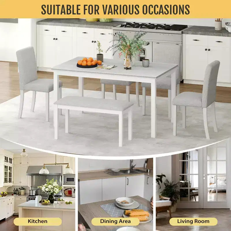 Ensemble de salle à manger 6 pièces en bois massif Zevemomo, comprenant 1 table à manger, 4 chaises rembourrées et 1 banc, pour cuisine, salle à manger, motif diamant blanc