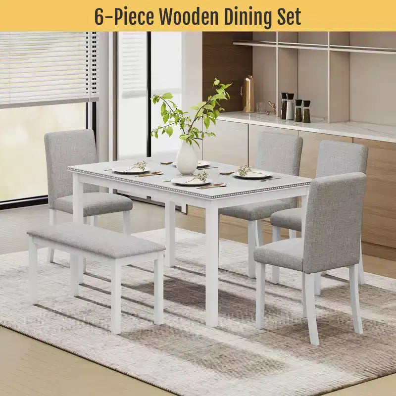 Ensemble de salle à manger 6 pièces en bois massif Zevemomo, comprenant 1 table à manger, 4 chaises rembourrées et 1 banc, pour cuisine, salle à manger, motif diamant blanc
