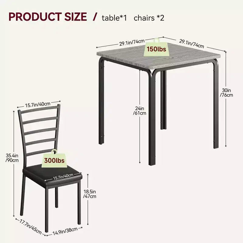 Table de salle à manger avec 2 chaises, Ensemble de salle à manger avec siège rembourré, Ensemble de table de salle à manger, Table de cuisine, Petite table de salle à manger avec grain de bois, Pieds en métal
