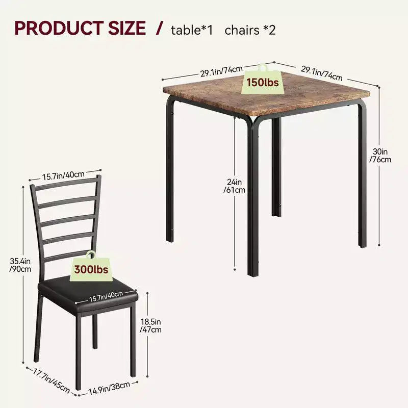 Table de salle à manger avec 2 chaises, Ensemble de salle à manger avec siège rembourré, Ensemble de table de salle à manger, Table de cuisine, Petite table de salle à manger avec grain de bois, Pieds en métal