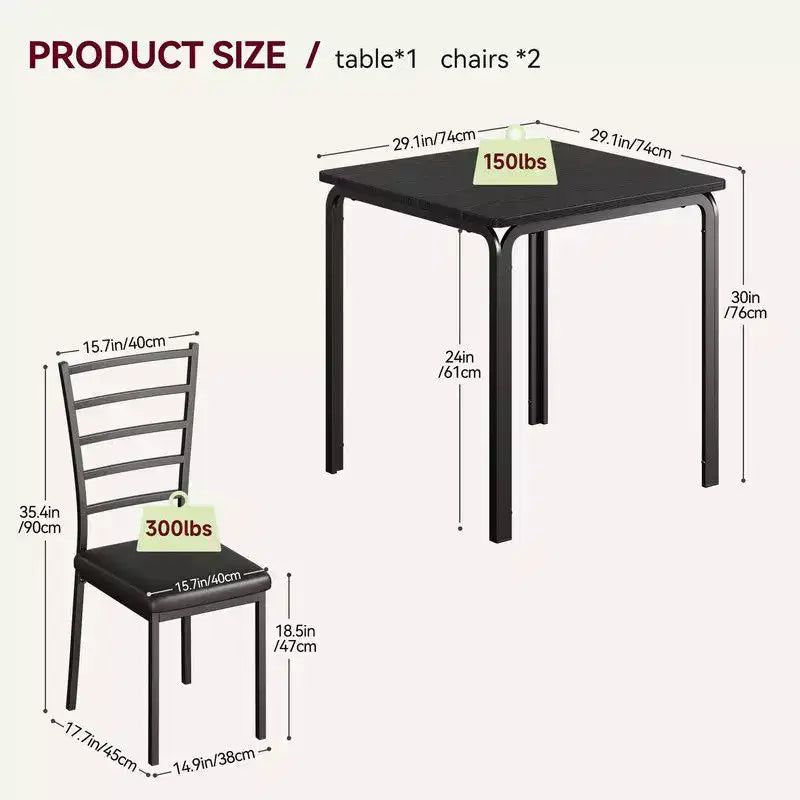 Table de salle à manger avec 2 chaises, Ensemble de salle à manger avec siège rembourré, Ensemble de table de salle à manger, Table de cuisine, Petite table de salle à manger avec grain de bois, Pieds en métal
