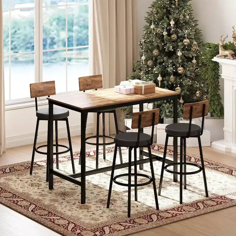 Ensemble de table à manger Zevemomo pour 4, ensemble de table de bar 5 pièces, table haute avec 4 tabourets en PU rembourrés, pour petits espaces, marron