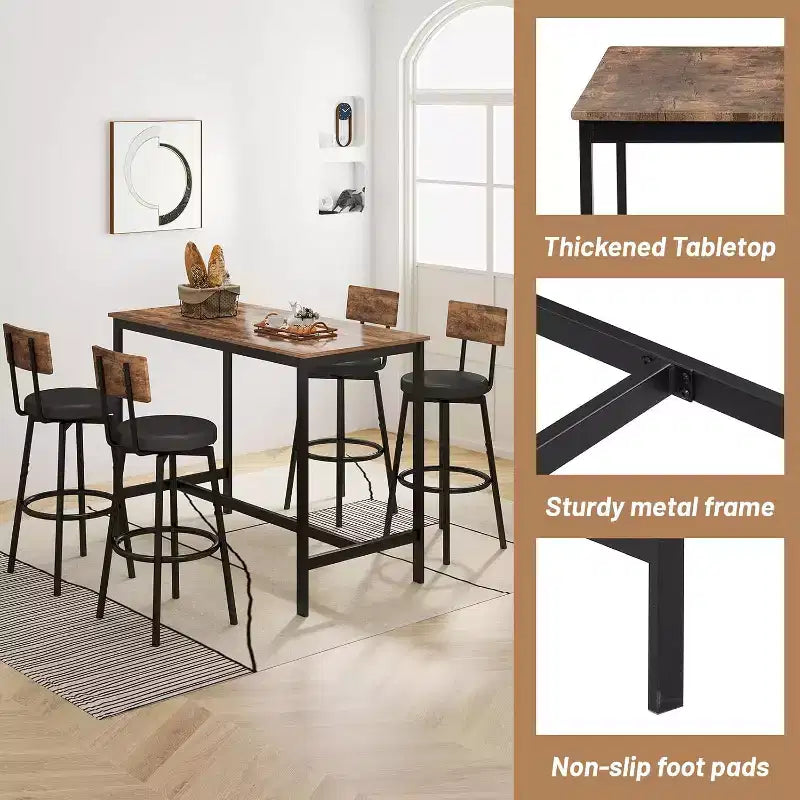 Ensemble de table à manger Zevemomo pour 4, ensemble de table de bar 5 pièces, table haute avec 4 tabourets en PU rembourrés, pour petits espaces, marron
