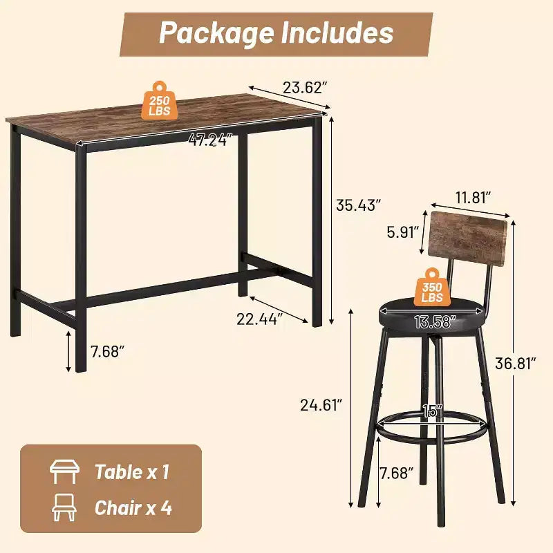 Ensemble de table à manger Zevemomo pour 4, ensemble de table de bar 5 pièces, table haute avec 4 tabourets en PU rembourrés, pour petits espaces, marron