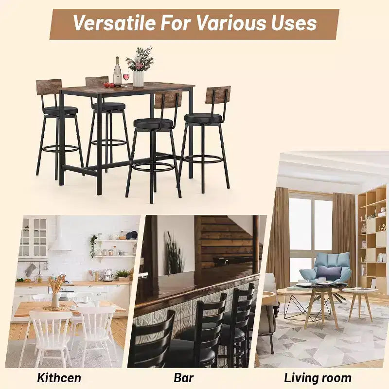 Ensemble de table à manger Zevemomo pour 4, ensemble de table de bar 5 pièces, table haute avec 4 tabourets en PU rembourrés, pour petits espaces, marron