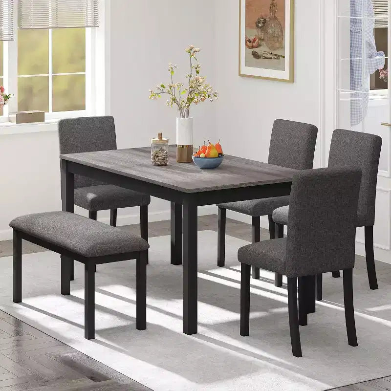 Zevemomo 6-Piece Solid Wood Dining Table Set,Including 1 Dining Table,4 Upholstered Chairs and 1 Bench,for Dining Room, Kitchen, Restaurant,Dark Grey