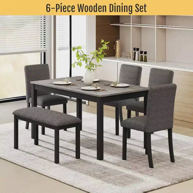 Ensemble de salle à manger 6 pièces Zevemomo en bois massif, comprenant 1 table à manger, 4 chaises rembourrées et 1 banc, pour salle à manger, cuisine, restaurant, gris foncé