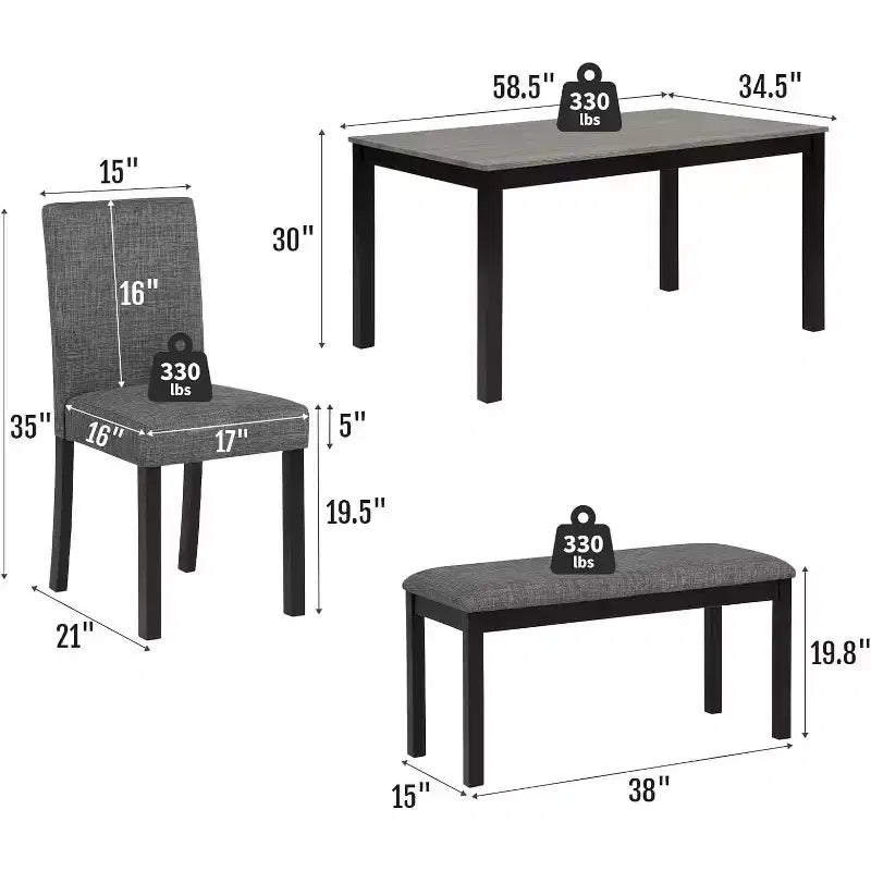 Ensemble de salle à manger 6 pièces Zevemomo en bois massif, comprenant 1 table à manger, 4 chaises rembourrées et 1 banc, pour salle à manger, cuisine, restaurant, gris foncé