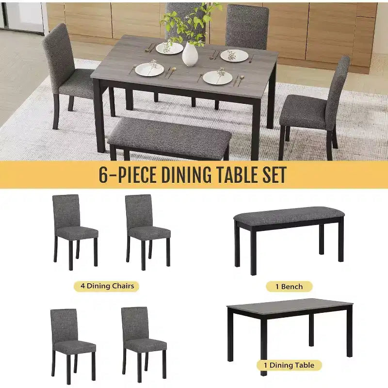 Ensemble de salle à manger 6 pièces Zevemomo en bois massif, comprenant 1 table à manger, 4 chaises rembourrées et 1 banc, pour salle à manger, cuisine, restaurant, gris foncé