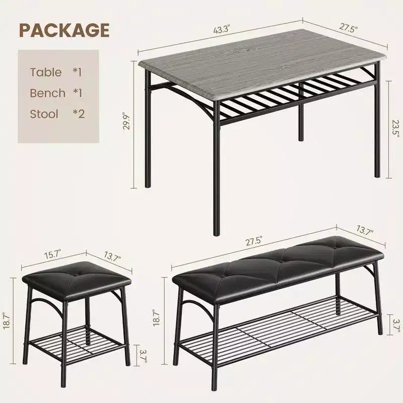 Ensemble de salle à manger Coolmee Square pour 4 personnes, table de cuisine avec plateau en bois, 2 chaises rembourrées et un banc, ensemble de salle à manger rustique avec rangement