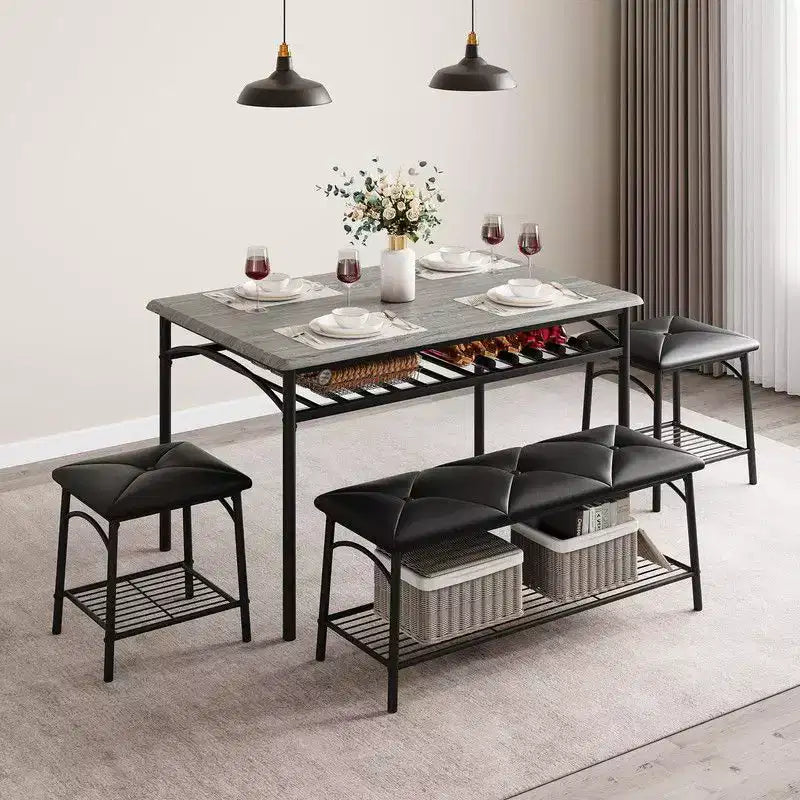 Ensemble de salle à manger Coolmee Square pour 4 personnes, table de cuisine avec plateau en bois, 2 chaises rembourrées et un banc, ensemble de salle à manger rustique avec rangement
