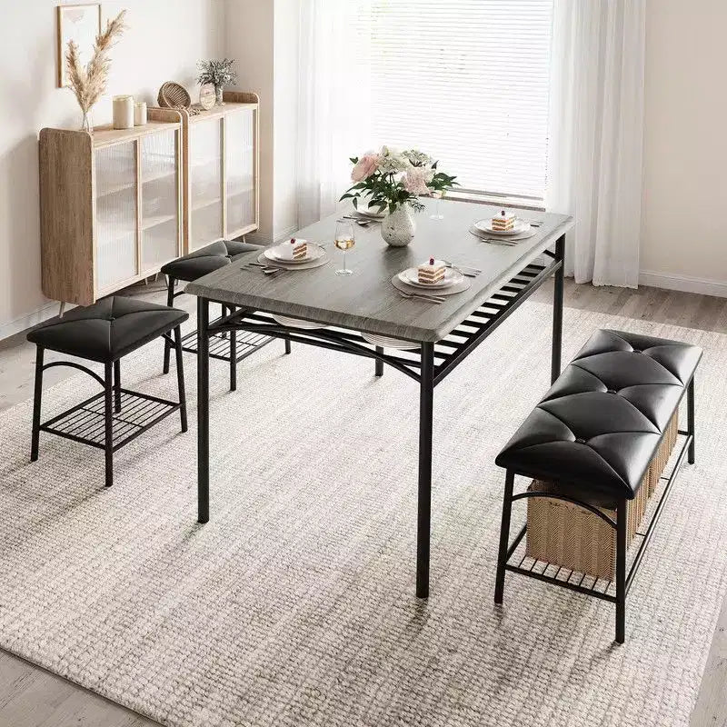 Ensemble de salle à manger Coolmee Square pour 4 personnes, table de cuisine avec plateau en bois, 2 chaises rembourrées et un banc, ensemble de salle à manger rustique avec rangement