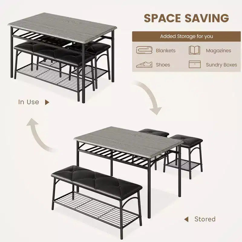 Ensemble de salle à manger Coolmee Square pour 4 personnes, table de cuisine avec plateau en bois, 2 chaises rembourrées et un banc, ensemble de salle à manger rustique avec rangement