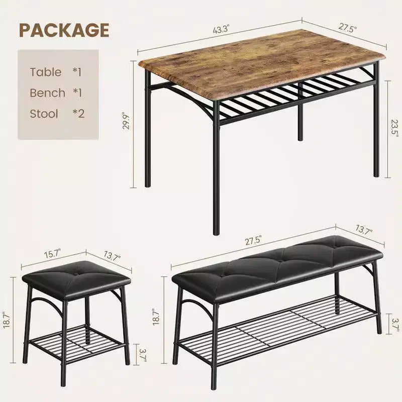 Ensemble de salle à manger Coolmee Square pour 4 personnes, table de cuisine avec plateau en bois, 2 chaises rembourrées et un banc, ensemble de salle à manger rustique avec rangement