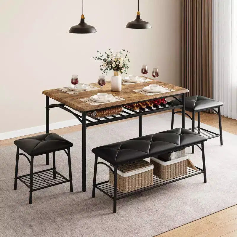Ensemble de salle à manger Coolmee Square pour 4 personnes, table de cuisine avec plateau en bois, 2 chaises rembourrées et un banc, ensemble de salle à manger rustique avec rangement