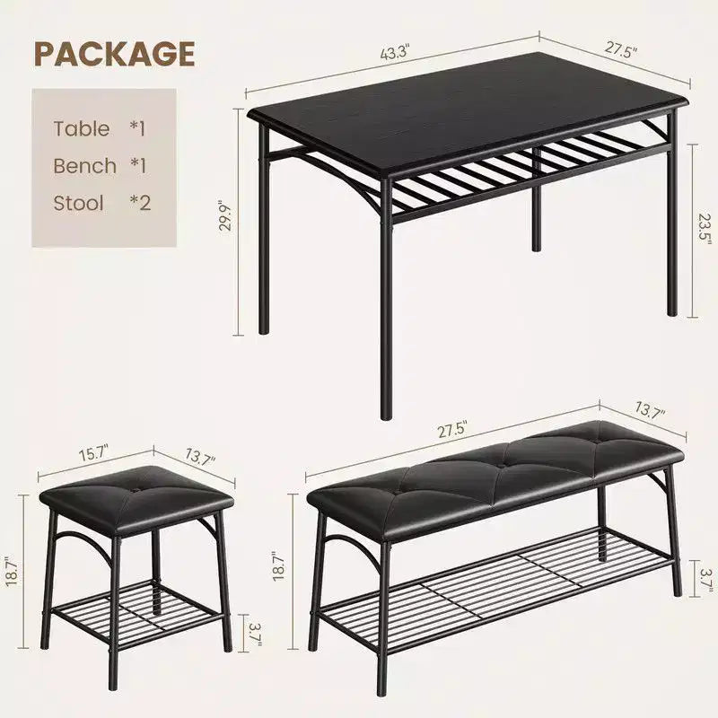 Ensemble de salle à manger Coolmee Square pour 4 personnes, table de cuisine avec plateau en bois, 2 chaises rembourrées et un banc, ensemble de salle à manger rustique avec rangement