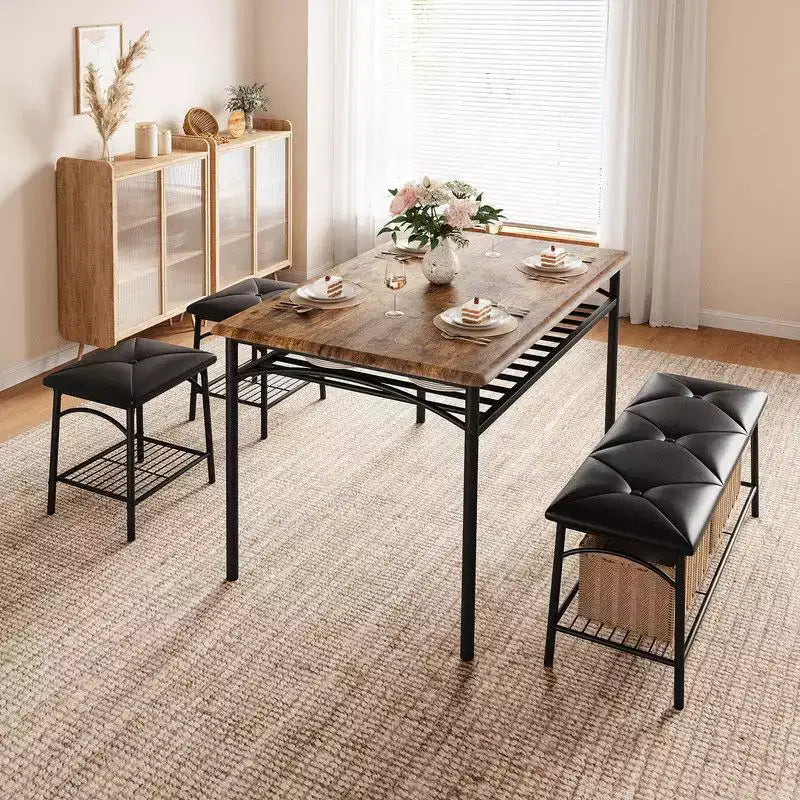 Ensemble de salle à manger Coolmee Square pour 4 personnes, table de cuisine avec plateau en bois, 2 chaises rembourrées et un banc, ensemble de salle à manger rustique avec rangement