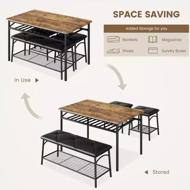 Ensemble de salle à manger Coolmee Square pour 4 personnes, table de cuisine avec plateau en bois, 2 chaises rembourrées et un banc, ensemble de salle à manger rustique avec rangement
