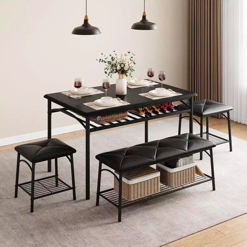 Ensemble de salle à manger Coolmee Square pour 4 personnes, table de cuisine avec plateau en bois, 2 chaises rembourrées et un banc, ensemble de salle à manger rustique avec rangement