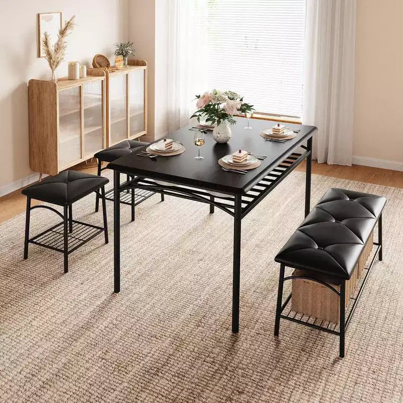Ensemble de salle à manger Coolmee Square pour 4 personnes, table de cuisine avec plateau en bois, 2 chaises rembourrées et un banc, ensemble de salle à manger rustique avec rangement