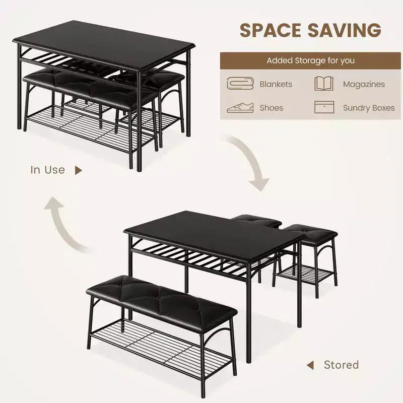 Ensemble de salle à manger Coolmee Square pour 4 personnes, table de cuisine avec plateau en bois, 2 chaises rembourrées et un banc, ensemble de salle à manger rustique avec rangement