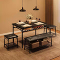 Coolmee Square Dining Table Set for 4, Wood Tabletop Kitchen Table with 2 Upholstered Chairs and a Bench, Rustic Dinner Table Set with Storage