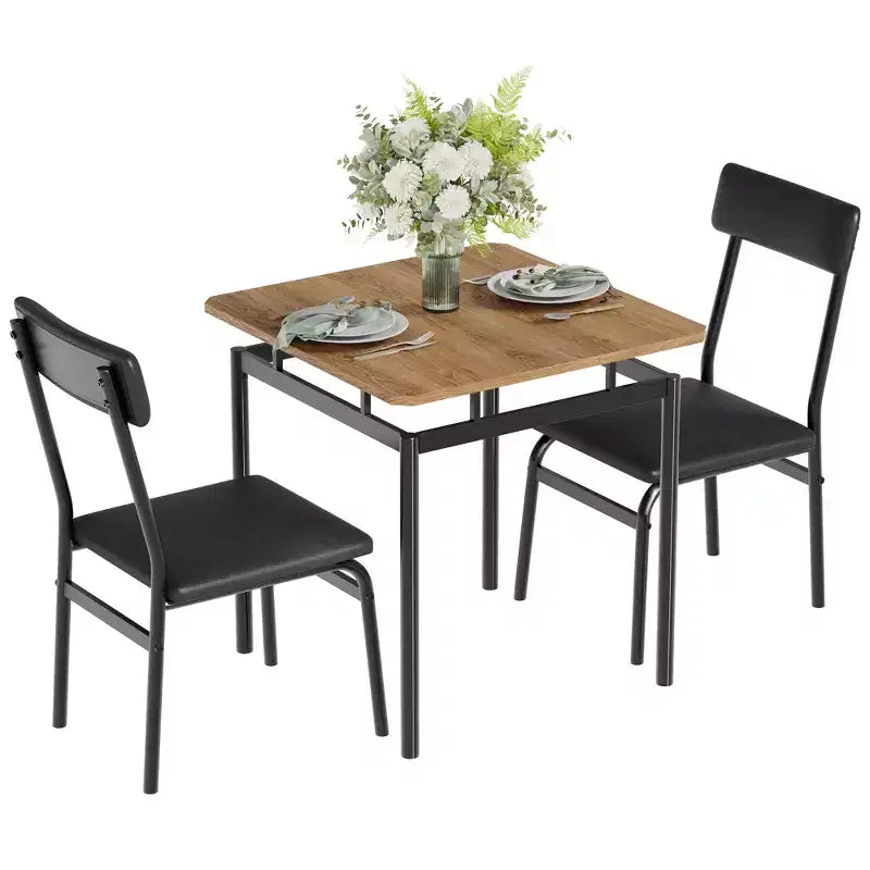 Ensemble de salle à manger 3 pièces, ensemble de table de cuisine avec table de cuisine à grain de bois et 2 chaises en métal rembourrées en PU pour petit espace, dîner à la maison