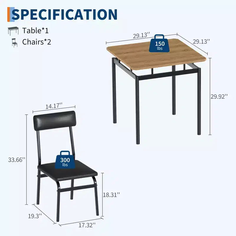 Ensemble de salle à manger 3 pièces, ensemble de table de cuisine avec table de cuisine à grain de bois et 2 chaises en métal rembourrées en PU pour petit espace, dîner à la maison